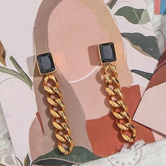 Black Zircon 18K Gold Plated Chain Stainless Steel Earrings - Picture 2 of 5